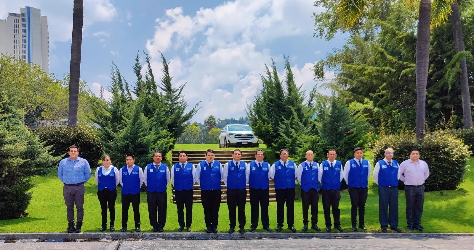 Equipo amplio de valet uniformado formado en un jardín